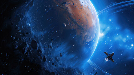 Space ship flying across infinite universe in dark blue colors near huge planet Mars. Universe fantasy astronomy space background wallpaper. High quality illustration