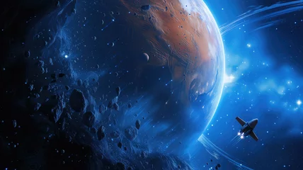 Fototapeten Space ship flying across infinite universe in dark blue colors near huge planet Mars. Universe fantasy astronomy space background wallpaper. High quality illustration © NK Project