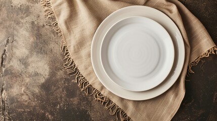 Overhead view of an empty white plate on a rustic beige napkin, set on a dark textured surface