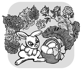 Easter bunny with basket, eggs, flowers and butterfly. Decorative design composition for poster print, greeting card, kids party invitation. Hand drawn illustration. Vintage cartoon style drawing.