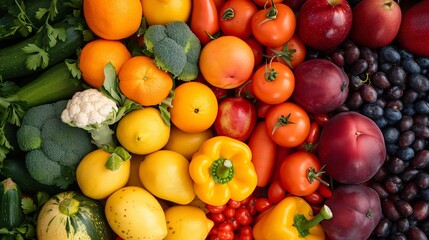 Fresh fruits and vegetables assorted on a grey background, mix of colors and textures, including berries, citrus, and greens