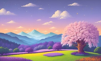 Beautiful and Peaceful Nature Scenery Illustration, Landscape, Countryside, Tranquil, Vibrant and Colorful