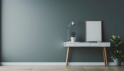 a wooden white desk with hutch against a gray wall