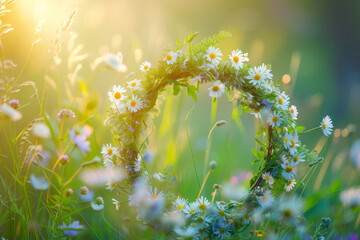 Wreath of Meadow flower in summer garden, natural sunny background. Floral crown, symbol of Summer Solstice Day, Midsummer holiday. - obrazy, fototapety, plakaty