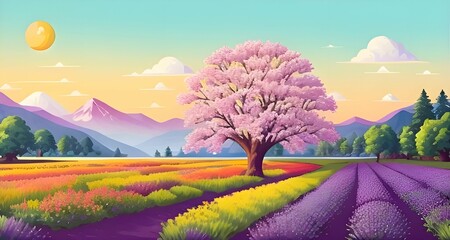 Beautiful and Peaceful Nature Scenery Illustration, Landscape, Countryside, Tranquil, Vibrant and Colorful