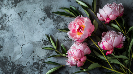 Peony flowers on light or dark concrete stone background