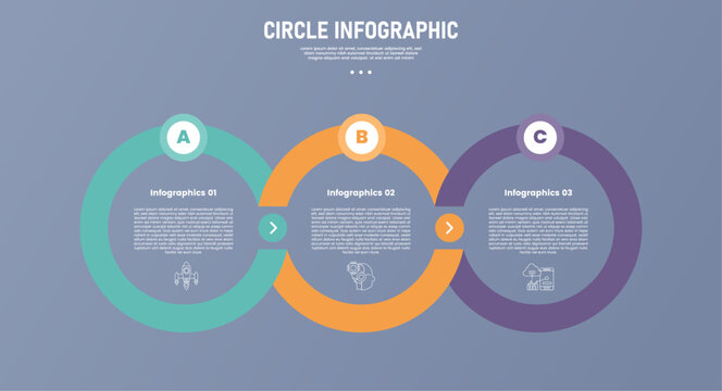 3 point circle infographic stage or step template with big outline shape join linked with circle top badge for slide presentation