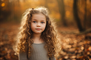 Fototapeta premium Young girl with long curly hair playing outdoors in autumn forest.