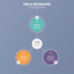 3 point circle infographic stage or step template with hierarchial structure with line linked for slide presentation