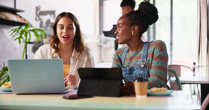 Technology, teamwork and remote work with women in coffee shop for design, meeting or planning. Startup, laptop and tablet with freelance people in cafe for research on small business networking