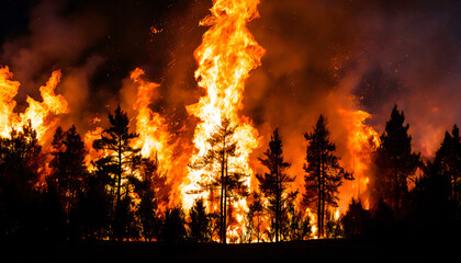 Brennender Wald mit hohen Flammen, fotorealistische Illustration - obrazy, fototapety, plakaty