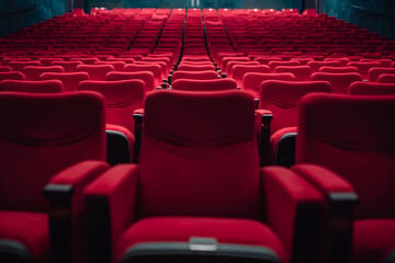 an empty theater filled with red seats 