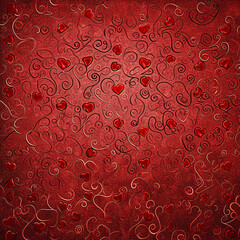 Romantic backdrop with a tapestry of small red hearts and curling ornaments