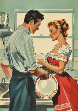Minimalistic advertising retro postcard of husband and wife spending time together cleaning kitchen and washing dishes. High quality illustration