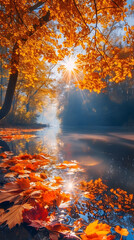autumn leaves on the river reflected in the sunlight