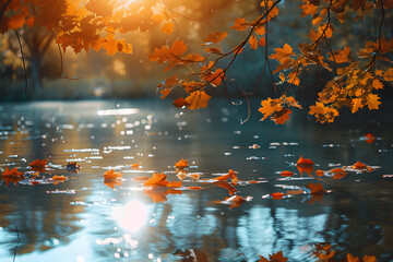 autumn leaves on the river reflected in the sunlight