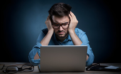 frustrated stressed man with headache sitting in front of a laptop