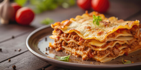 Gourmet Italian Meat Lasagna. Baked meat lasagna garnished with fresh herbs on a table background.