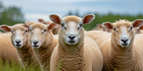 Obraz premium Sheep Herd in the Field. A group of sheep looking directly at the camera in a natural setting.