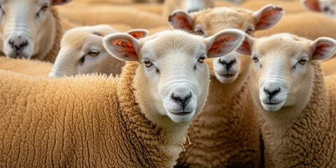 Sheep Herd in the Field. A group of sheep looking directly at the camera in a natural setting.