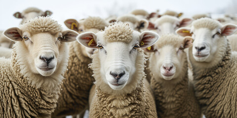 Obraz premium Sheep Herd in the Field. A group of sheep looking directly at the camera in a natural setting.