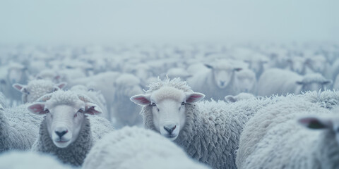 Sheep Herd in the Field. A group of sheep looking directly at the camera in a natural setting. - obrazy, fototapety, plakaty