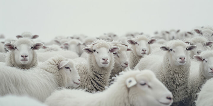 Sheep Herd on flat white background with copy space. A group of sheep looking directly at the camera in a natural setting.