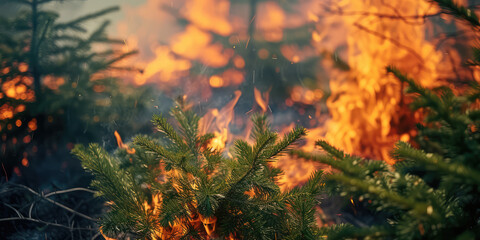 Fototapeta na wymiar Wildfire Engulfing Forest. Devastating wildfire spreading through a dense forest at dusk.