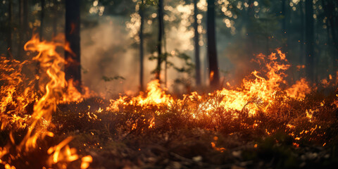 Wildfire Engulfing Forest. Devastating wildfire spreading through a dense forest at dusk.