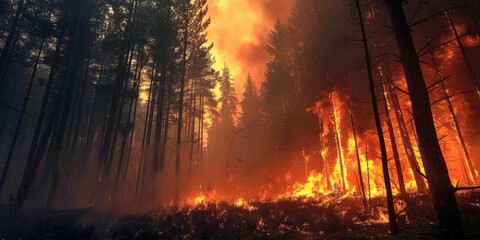 Wildfire Engulfing Forest. Devastating wildfire spreading through a dense forest at dusk.