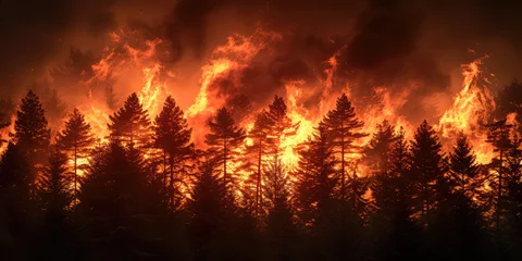 Foto op Canvas Wildfire Engulfing Forest. Devastating wildfire spreading through a dense forest at dusk. © dinastya