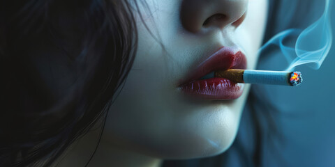 Obraz premium Woman Smoking Cigarette in Moody Lighting. Close-up of a woman smoking, highlighted by ambient light and smoke trails.