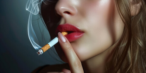 Obraz premium Woman Smoking Cigarette in Moody Lighting. Close-up of a woman smoking, highlighted by ambient light and smoke trails.