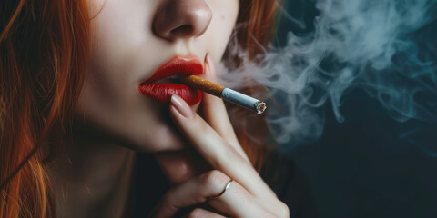 Obraz premium Woman Smoking Cigarette in Moody Lighting. Close-up of a woman smoking, highlighted by ambient light and smoke trails.