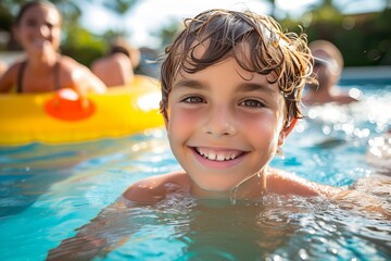 A joyful young boy with a beaming smile enjoys a refreshing swim in an outdoor pool, surrounded by the vibrant energy of a summer day at the leisure centre