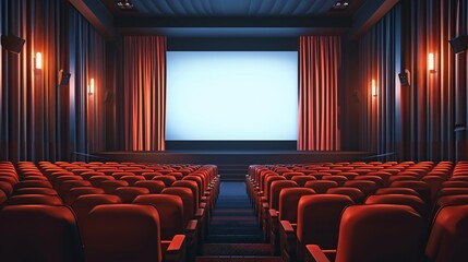 Fototapeta premium Empty cinema hall with a large screen, red velvet seats, and patterned walls, elegant and retro