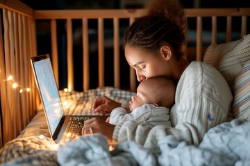 A multitasking mother finds solace in the warmth of her child's embrace as she balances work and family from the comfort of their bed - obrazy, fototapety, plakaty