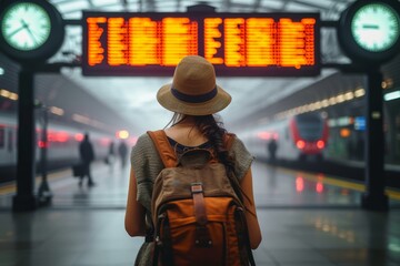 A stylish woman in a hat and backpack awaits her next adventure at a bustling train station, the city streets and iconic clock tower serving as the perfect backdrop for her fashionable ensemble