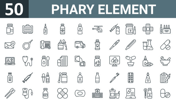 set of 50 outline web phary element icons such as pills, medical kit, eye drop, pills, eye drop, helicopter, pills vector thin icons for report, presentation, diagram, web design, mobile app.
