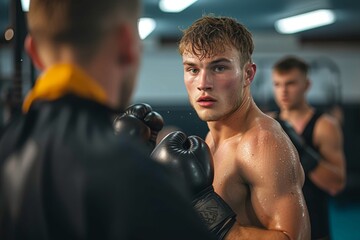 Fototapeta na wymiar A fierce and determined man prepares for battle, his chiseled muscles glistening with sweat as he dons his boxing gloves, ready to unleash his physical prowess in the intense and brutal sport of boxi