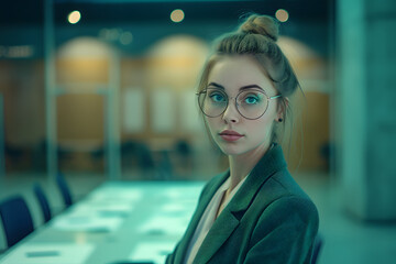 a business woman in glasses standing in a conference room