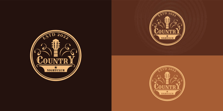 Country Guitar Music Western Vintage Retro Bar logo design in gold color presented with multiple brown background colors. The logo is suitable for the Country and Bar Restaurant logo design template