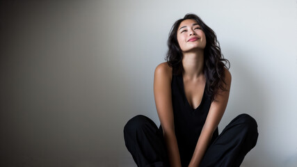 Studio portrait of a woman wearing a black top and black pants. She is sitting down while looking upwards and smiling.