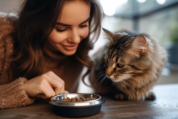 A compassionate lady sits at the table, gently feeding a hungry domestic cat as they share a moment of peaceful companionship indoors - obrazy, fototapety, plakaty