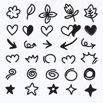 Doodle heart, arrow, star, sparkle decoration symbol set icon. Simple sketch line style emphasis, swirl, pattern elements. Vector illustration.