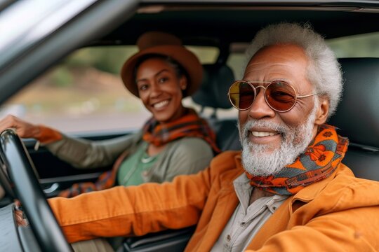 A bearded man and a stylish woman share a smile in their car, basking in the warm sunlight as they drive through the picturesque outdoors, their sunglasses adding a touch of fashion to their journey