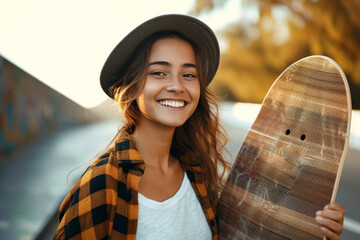 A stylish woman confidently poses with a skateboard, showcasing her fashion sense and carefree attitude as she smiles brightly in the outdoor street fashion scene