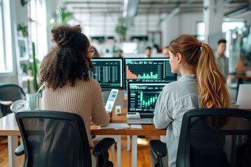 A diverse team of professionals dressed in business attire gather around a sleek office desk, eagerly examining computer screens and discussing strategy in the modern, bustling setting of an urban of