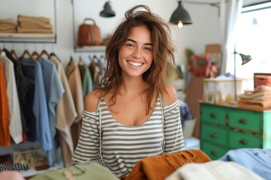 A stylish woman stands against an indoor wall, her hair cascading down as she smiles at the camera, surrounded by clothing and shelves in a shop