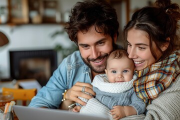 A couple cherishes the precious moments with their young child as they sit together, smiling at a laptop screen, surrounded by the warmth of their home - Powered by Adobe